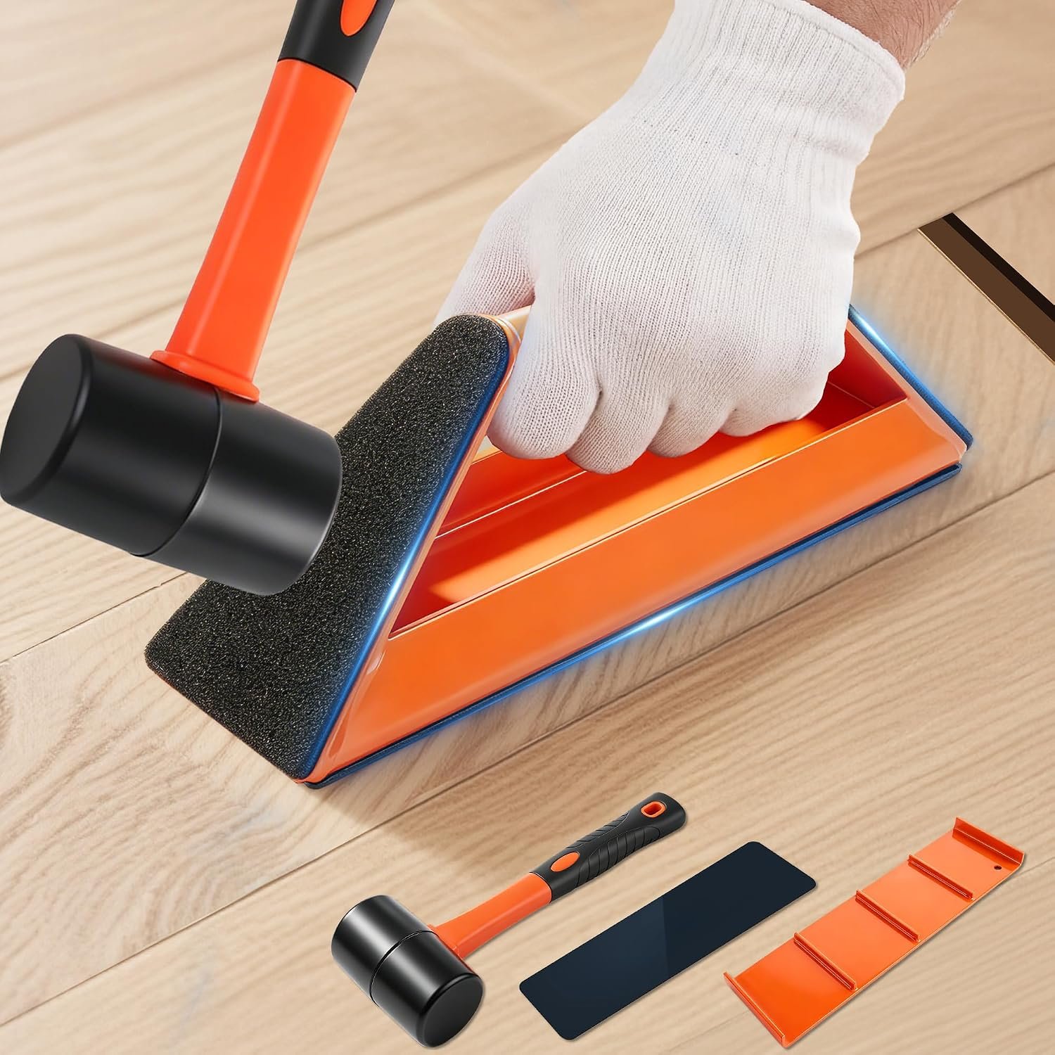 Floor Gap Fixer Tool Heavy Duty Vinyl Flooring Tools 4-Sided 45°Tapping Surface Floor Gap Repair Tool with Washable,Hammer& Reusable Sticky Pad for Laminate, Vinyl Plank, Hardwood